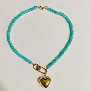Turquoise Beaded Necklace with Gold Heart Charm